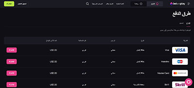 صفحة طرق الدفع في كازينو BetandPlay