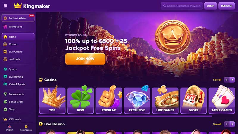 Kingmaker casino home page